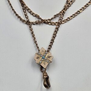Antique Edwardian Gold Filled Pearl & Turquoise Lorgnette Chain Necklace ~46"